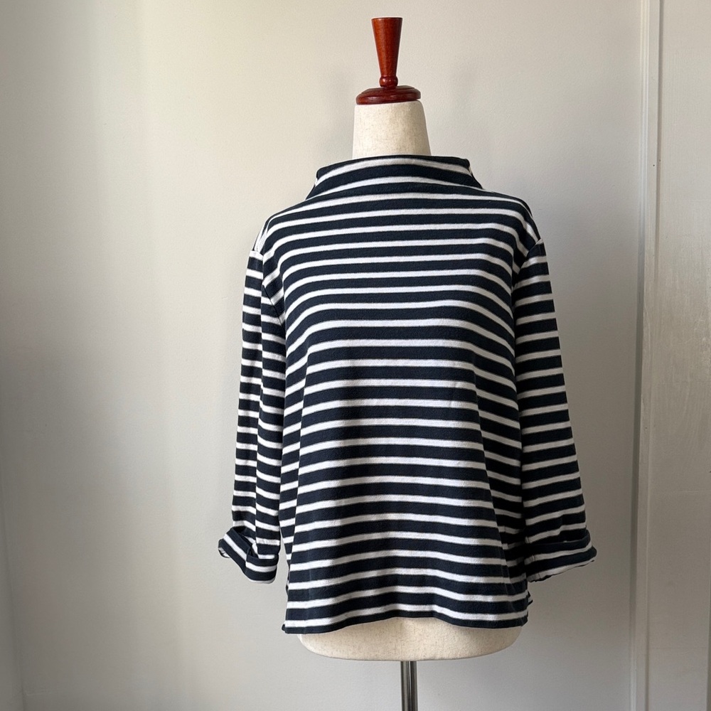 Jigsaw Navy and White Striped Long Sleeve Top Cotton Mock Neck Boxy Sweater